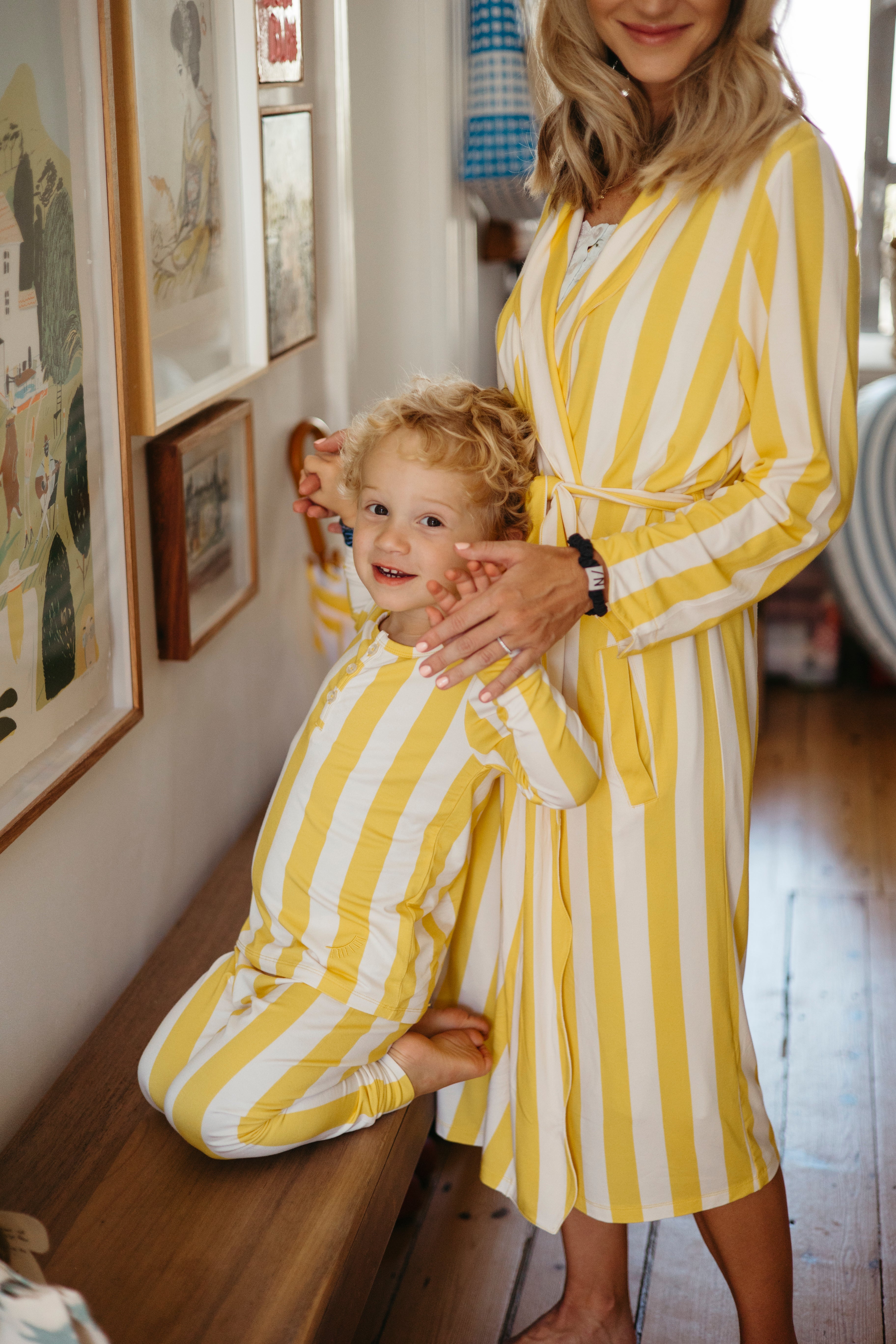 Matching kids and adult sleepwear - white and yellow stripe