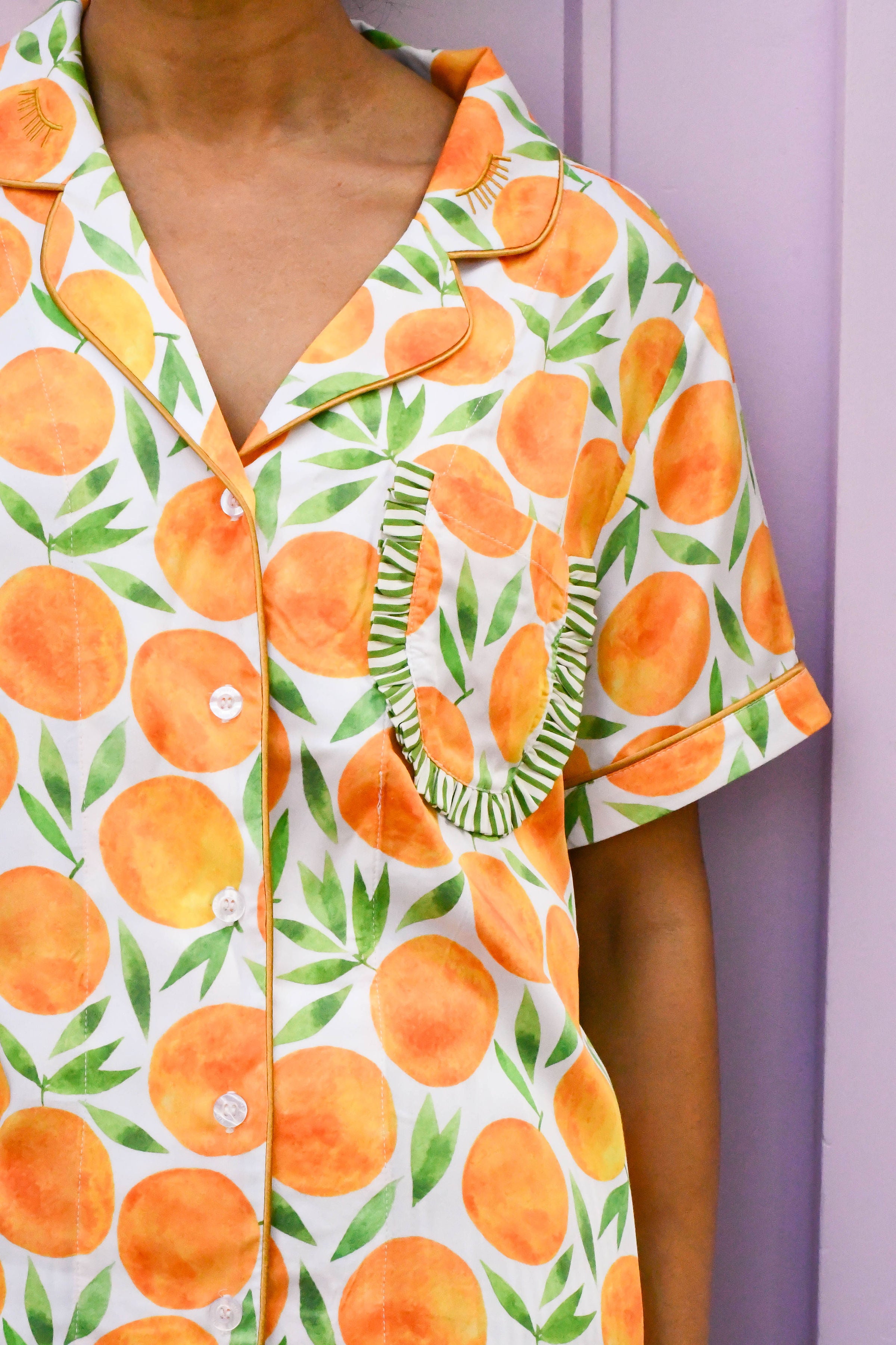 Frill pocket pajama sets embroidered summer pjs